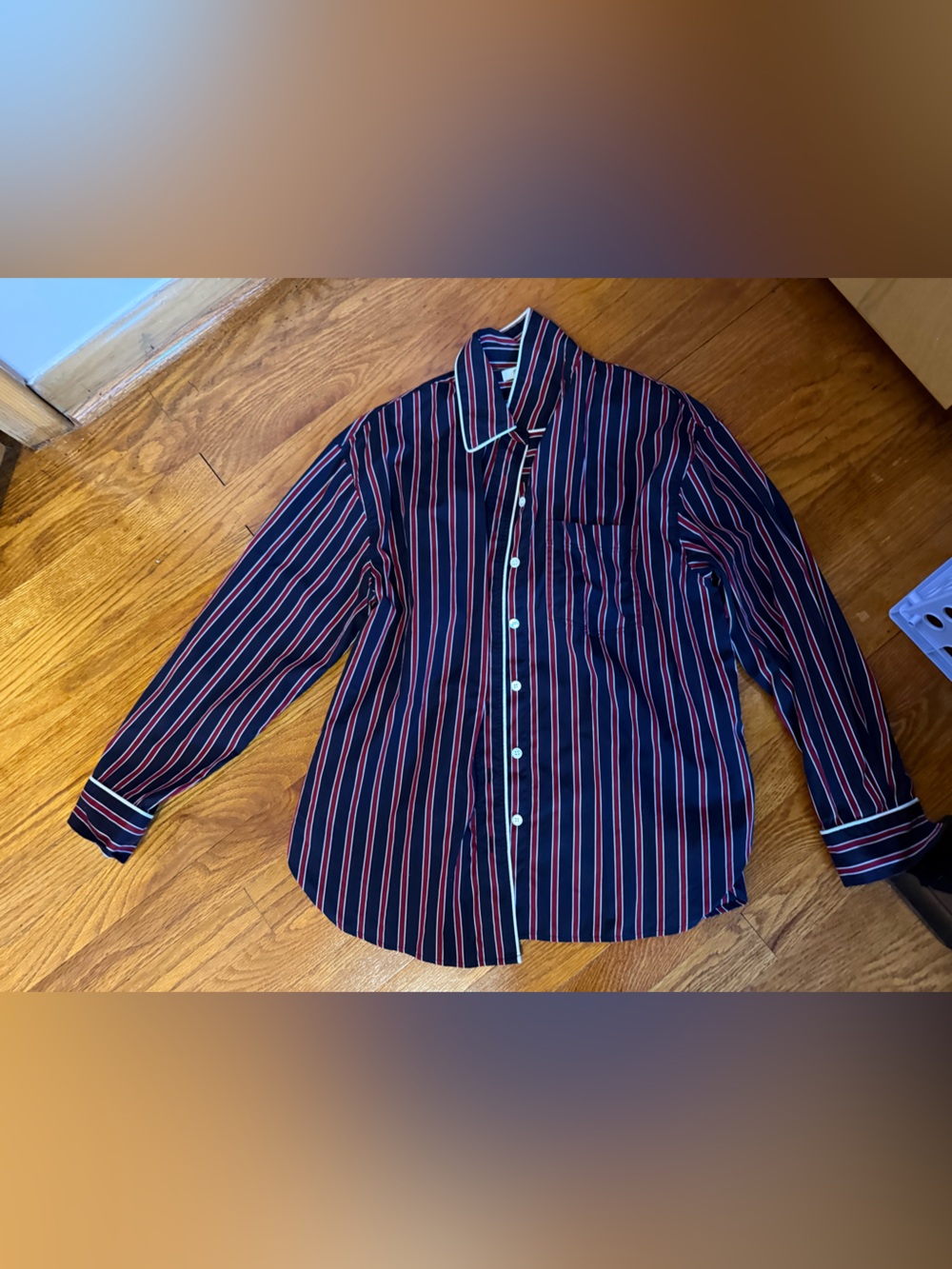 Madewell Navy Stripe Button-Up Shirt with Red and White Accents size small